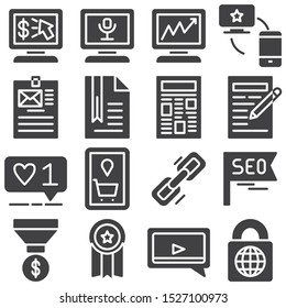SEO vector icons set, modern solid symbol collection, filled style pictogram pack. Signs, logo illustration. Set includes icons as link share, like feedback, quality certificate, chat, money funnel