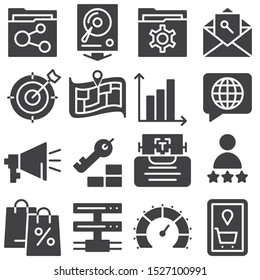 SEO vector icons set, modern solid symbol collection, filled style pictogram pack. Signs, logo illustration. Set includes icons as profile settings, map marker, folder share, network server connection