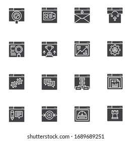 SEO Vektorsymbole Set, moderne solide Symbolsammlung, Online-Marketing-gefülltes Piktogramm-Paket im Stil. Zeichen, Logo-Illustration. Set beinhaltet Symbole wie Suchmaschinenoptimierung, Website-Analyse