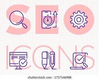 SEO vector icons. Set of outline icons on following topics: SEO, web design, web development and other.