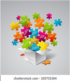 Ilustración del vector SEO - caja llena de elementos de optimización del motor de búsqueda