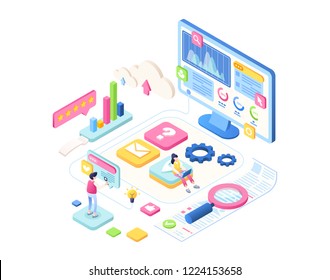 SEO vector isometric background for landing page. Optimization process of internet search results for better visibility of website. Concept illustration with icons and people doing analysis of data