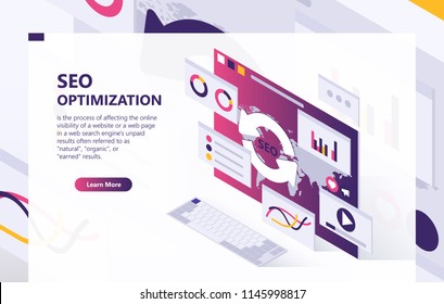 Fondo isométrico vectorial SEO. Proceso de optimización de los resultados de búsqueda en Internet para la visibilidad en línea del sitio web. Banner conceptual con análisis de datos, gráficos, gráficos estadísticos, plantilla para la página web