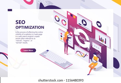 SEO vector isometric background. Optimization process of internet search results for online visibility of website. Concept banner with data analysis, graphs, people at work, template for web page