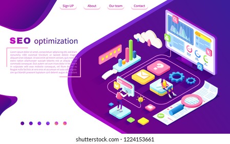 SEO vector isometric landing page. Optimization process of internet search results for better visibility of website. Concept background with icons and people, can use for web banner, infographics