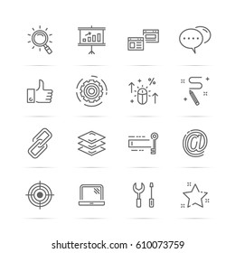 seo vector line icons, minimal pictogram design, editable stroke for any resolution, internet and networking concept