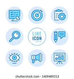 SEO vector line icons set. Digital marketing, online advertising, copywriting, social media promotion outline symbols. Modern simple stroke graphic elements. Round icons