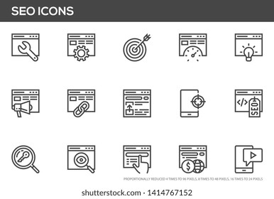 SEO vector line icons set. Search engine optimization, target audience attraction, getting indexed, increasing prominence. Perfect pixel icons, such can be scaled to 24, 48, 96 pixels.