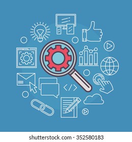 SEO vector modern illustration - blue flat search engine optimization concept symbol with thin line SEO related signs on blue background