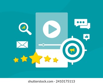 SEO Video Marketing. Customer testimonials, Expert interviews for reaching customers, increasing conversion rates and improving video SEO strategy. Isolated on green vector illustration with icons