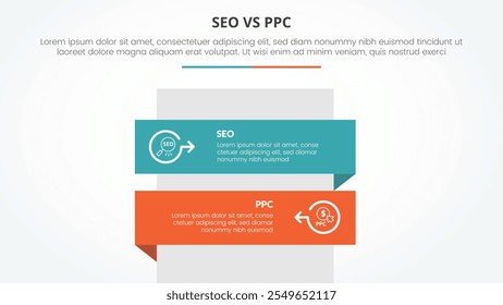 seo vs ppc advertising comparison opposite infographic concept for slide presentation with rectangle box vertical stack with flat style vector