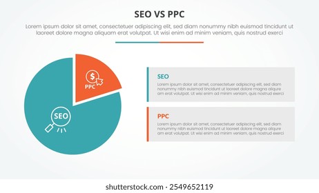 Comparación de publicidad SEO vs PPC Concepto de infografía opuesto para presentación de diapositivas con forma de gráfico de piezas y descripción de caja rectangular con Vector de estilo plano