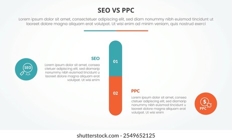 seo vs ppc advertising comparison opposite infographic concept for slide presentation with round vertical bar percentage with flat style vector