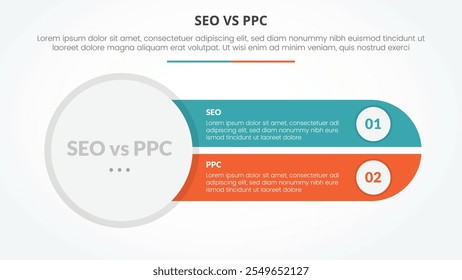 seo vs ppc advertising comparison opposite infographic concept for slide presentation with big circle left and slice round rectangle with flat style vector