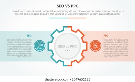 comparação de publicidade seo vs ppc oposto conceito infográfico para apresentação de slide com engrenagem no centro e caixa recipiente com vetor de estilo plano