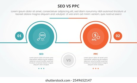 Comparación de publicidad SEO vs PPC Concepto de infografía opuesto para presentación de diapositivas con contorno de círculo grande Horizontal con Vector de estilo plano