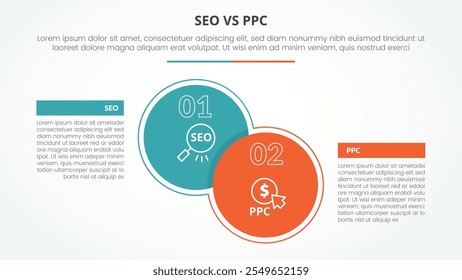 Comparación de publicidad SEO vs PPC Concepto de infografía opuesto para presentación de diapositivas con gran círculo y mesa de caja con Vector de estilo plano