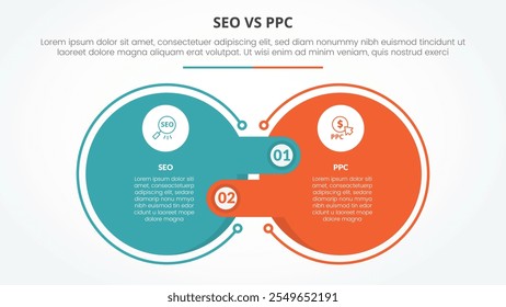 seo vs ppc advertising comparison opposite infographic concept for slide presentation with big outline circle and offside box rectangle with flat style vector