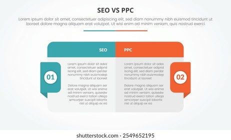 Comparación de publicidad SEO vs PPC Concepto de infografía opuesto para presentación de diapositivas con mesa de caja grande con encabezado e insignia en el lado con Vector de estilo plano