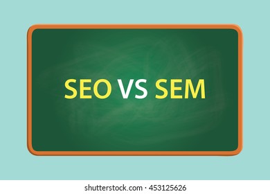 seo vs sem concept with green board with text on front of it vector graphic illustration