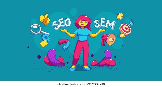 SEO vs SEM concept. Woman choose between two digital marketing strategies for advertising in internet, icons of target, megaphone, money, magnifier, vector illustration in contemporary style