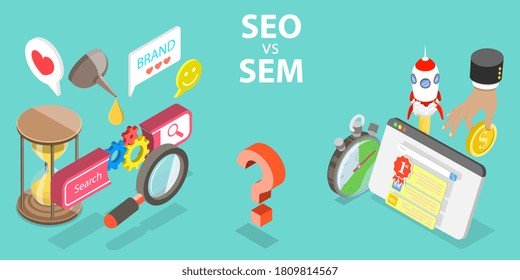 SEO frente a SEM, diferencia entre la optimización de motores de búsqueda y el marketing de motores de búsqueda, términos y definiciones de marketing digital.