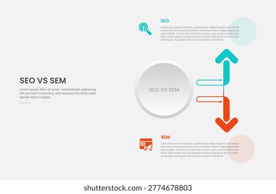 SEO vs SEM infographic outline style with 2 point comparison template with big circle arrow ups and down opposite direction for slide presentation vector