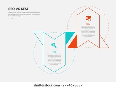 SEO vs SEM infographic outline style with 2 point comparison template with creative arrow ups and down for slide presentation vector