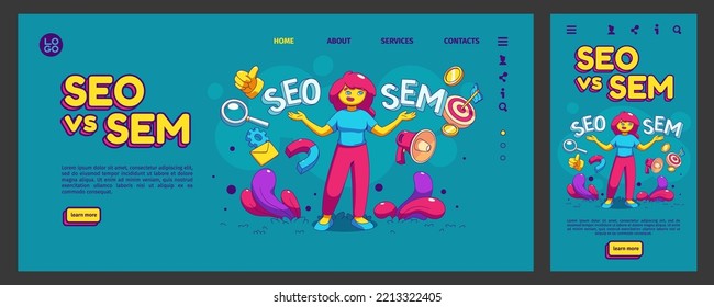 Seo vs Sem landing page, app ui ux mobile app onboard screen template. Contemporary female character provide digital ads marketing and search engine optimization, Cartoon linear vector web banner