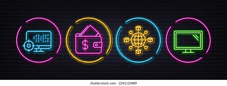 Seo, Wallet and Logistics network minimal line icons. Neon laser 3d lights. Monitor icons. For web, application, printing. Search engine, Affordability, International tracking. Vector