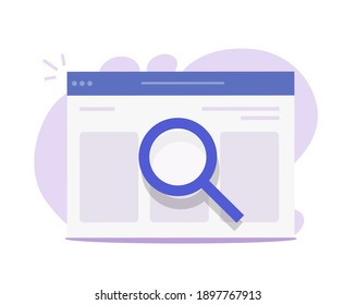 Seo web analysis, internet page inspection via magnifier glass vector flat cartoon icon, idea of digital search or research on website page, find content concept modern design