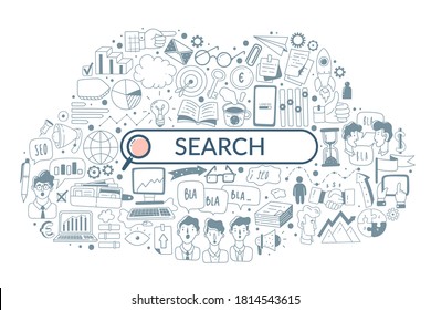 Iconos de doodle Seo web analysis, ilustración de búsqueda. Iconos vectoriales dibujados a mano. Optimización del sitio web de elementos dibujados a mano.
