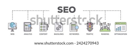 SEO web banner icon vector illustration concept consists of website, analysis, content, backlinks, keywords, traffic, ranking, and optimization icon live stroke and easy to edit