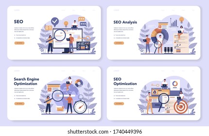 SEO web banner or landing page set. Idea of search engine optimization for website as marketing strategy. Web page promotion in the internet. Vector illustration in cartoon style