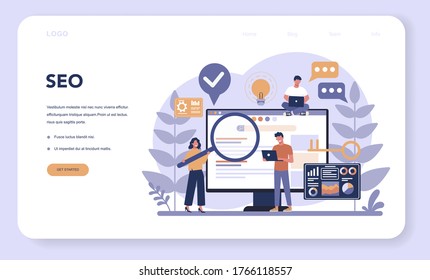 SEO web banner or landing page. Idea of search engine optimization for website as marketing strategy. Web page promotion in the internet. Vector illustration in cartoon style