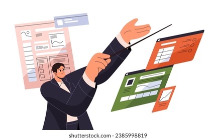 SEO up web content in search results. Manager, conductor works with advertisement, promotion of social media. Marketing in online business. Flat isolated vector illustration on white background