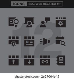 SEO and Web Development Icon Set Featuring Line Art Symbols Representing Digital Marketing, Analytics, Security, Networking, Coding, and Online Business Essentials