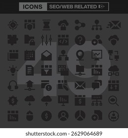 SEO and Web Development Icon Set Featuring Line Art Symbols Representing Digital Marketing, Analytics, Security, Networking, Coding, and Online Business Essentials