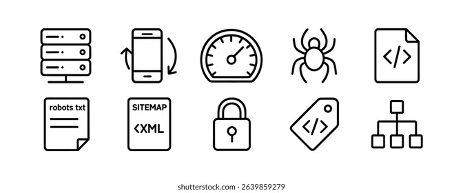 Seo and web development icon set. linear style web tools and coding icons collection