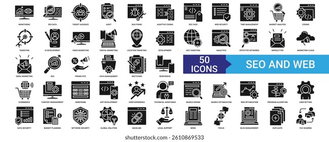 Seo and Web icon collection set with monitoring, data, target audience, audit, bug fixing 