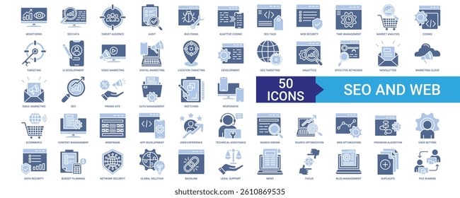 Seo and Web icon collection set with monitoring, data, target audience, audit, bug fixing 