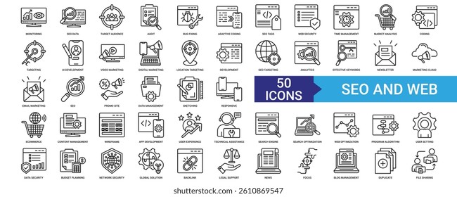 Seo and Web icon collection set with monitoring, data, target audience, audit, bug fixing 