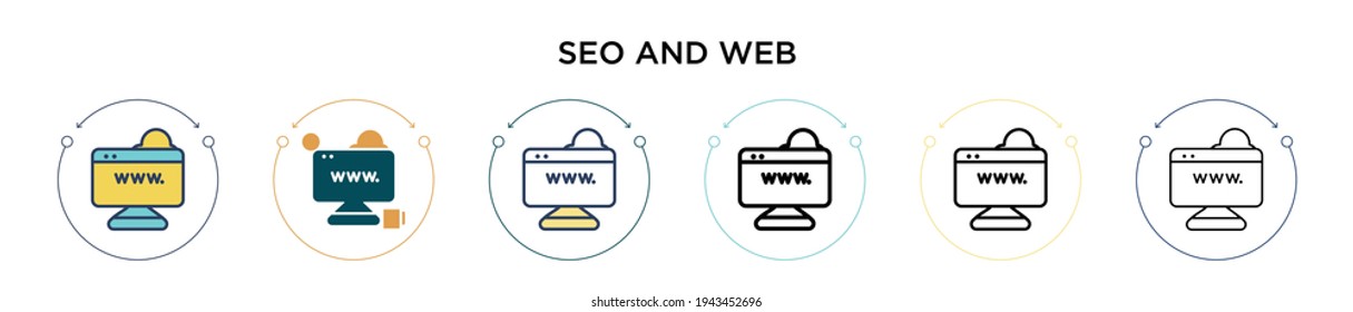 Seo e icono web en el estilo relleno, delgado, contorno y trazo. Ilustración vectorial de dos iconos de seo y vectores web de color y negro se pueden utilizar para móviles, ui, web