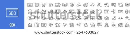 SEO web icons in line style. Contact, target, business and marketing, traffic, ranking, optimization, website collection. Vector illustration.