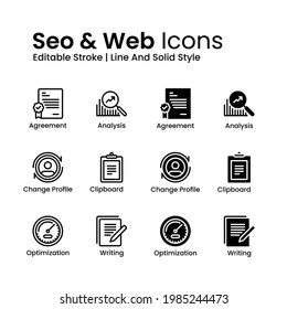 Seo And Web Icons Set Line And Solid Style. Agreement, Optimization, Analysis And More. Editable Stroke. Design Element Vector Illustration 