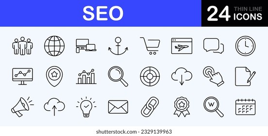 SEO web icons set. Search Engine Optimization - simple thin line icons collection. Containing target, website stats, watch list, marketing and more. Simple web icons set