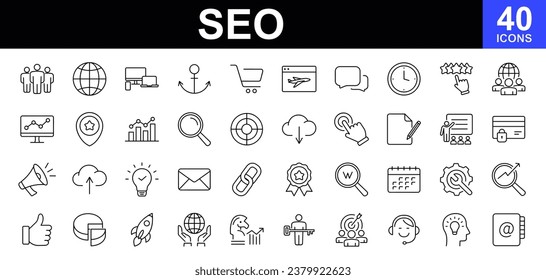 Juego de iconos web SEO. Optimización del motor de búsqueda - colección simple de iconos de línea delgada. Conteniendo objetivos, estadísticas de sitios web, lista de vigilancia, marketing y más. Conjunto simple de iconos web