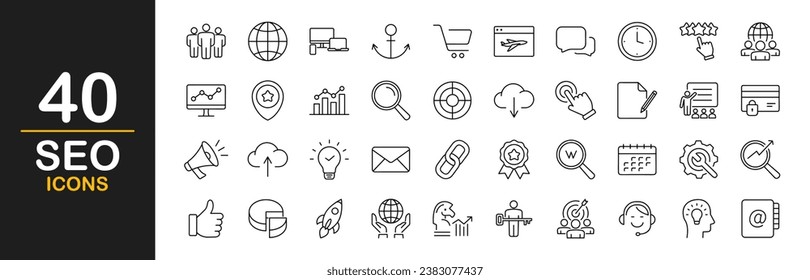 SEO web icons set. Search Engine Optimization - simple thin line icons collection. Containing target, website stats, watch list, marketing and more. Simple web icons set