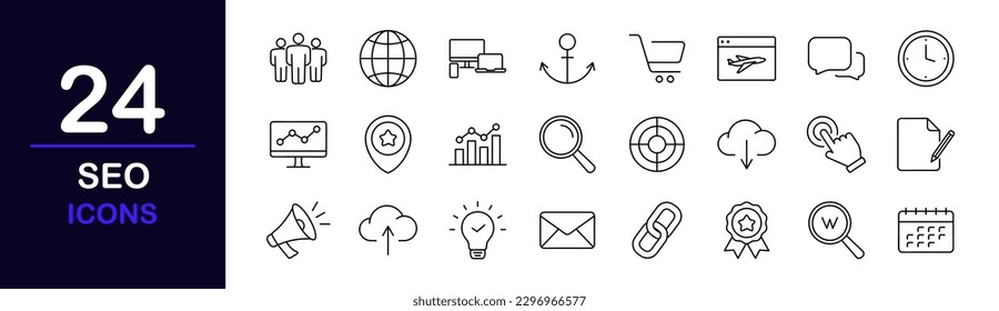 SEO web icons set. SEO - simple thin line icons collection. Containing target, website stats, watch list, and more. Simple web icons set