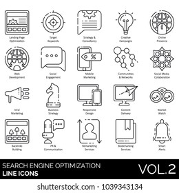 SEO & web line icons. Landing page optimization, online presence, viral marketing, responsive design, backlink building, PR, bookmarking, remarketing, engagement, collaboration, consultancy, marketing